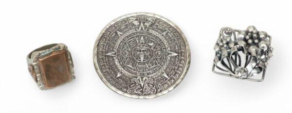 Silver Jewelry, 3 Pcs. Sterling Hobe Brooch, Mexico Mayan Sun Pendant & Man's Ring Size 10 59.6g 3 PCS