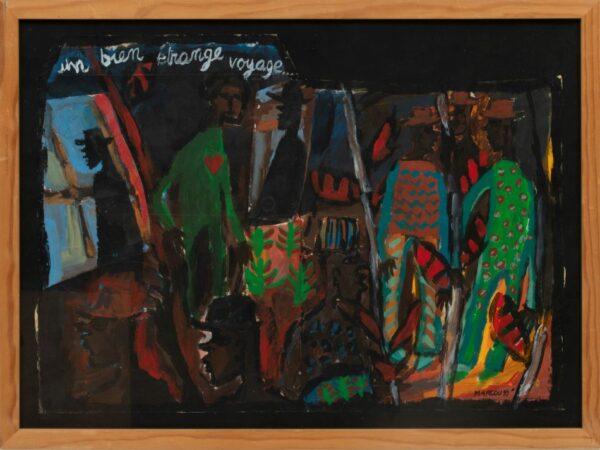 Anne-Christine Tcheuffa-Marcou Mixed Media: Acrylic on Craft Paper, Black Ground  1999, "Au Bien Etrange Voyage", H 14.5" W 20"