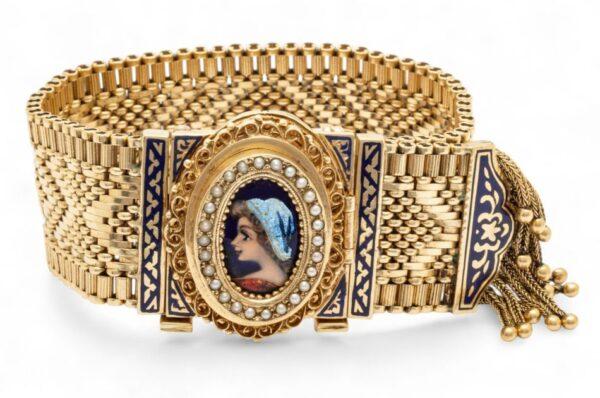 14k Yellow Gold And Enamel Mesh Bracelet , Optional Watch 1950, 77 g