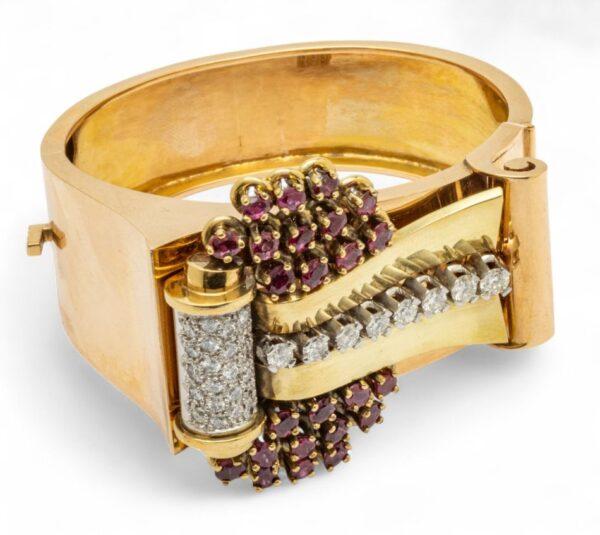 French Retro Ruby And Diamond Hinged Cuff Bracelet, 18K Yellow Gold And Platinum 1940, W 2.7" 106 g