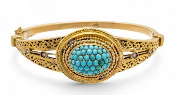 Turquoise Beads And Gold Bangle Bracelet W 2.5" 22 g