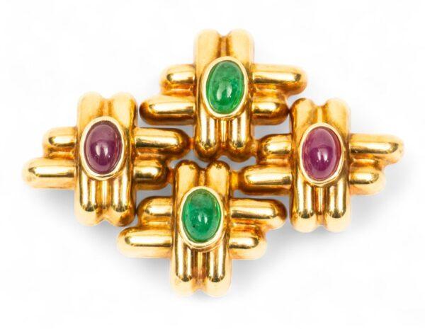 Italian 14k Yellow Gold, Emerald And Ruby Brooch H 1.5"