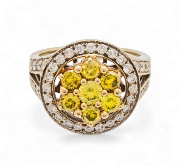 Yellow Diamond And 14k White Gold Lady's Cluster Ring 7.5 9 g