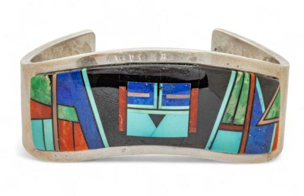 Tommy Jackson (Navajo) Coral, Turquoise, Lapis Sterling Silver Inlay Bracelet W 2.5" 63 g 1 PC