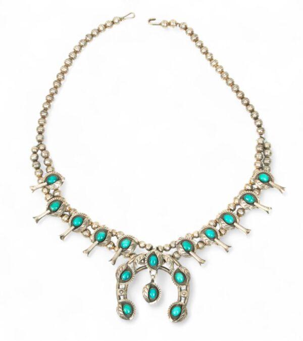 Navajo Silver And Turquoise Squash Blossom Necklace L 22"