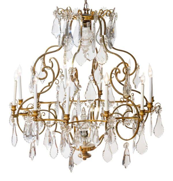 French Brass And Crystal Twelve Light Chandelier, Ca. 1820-1840, H 42" Dia. 42"