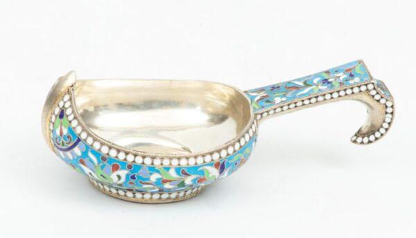 Russian Enameled Sterling Silver Kovsh, H 1.62" W 2.75" L 5" 3.11 t oz