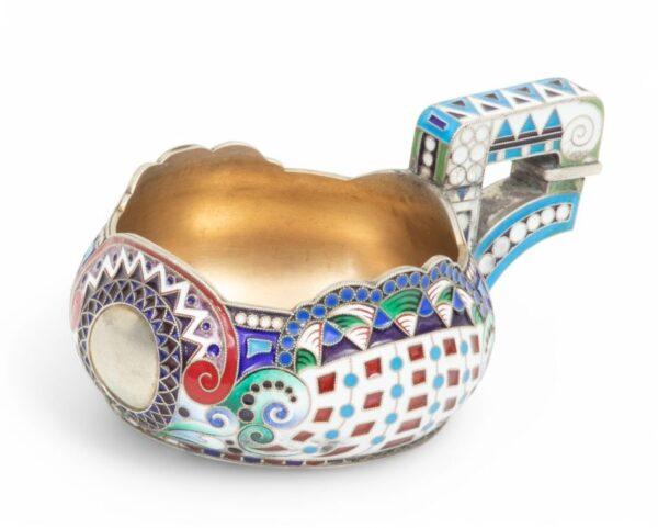 Russian Enameled Sterling Silver Kovsh, H 1.75" W 2.5" Depth 4" 4.08 t oz