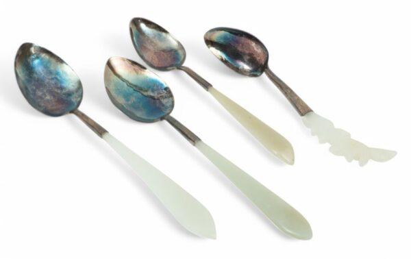 Chinese Sterling Silver And White Jade Spoons, Ca. 1900, 39 g 4 PCS