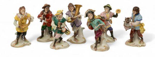 Dresden (Germany) Porcelain Monkey Band, Set of Seven 1930, H 6"