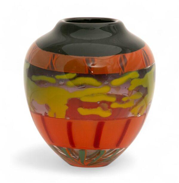 Blown Studio Glass Vase, Black, Yellow, Orange 1998, H 5.5" Dia. 4"