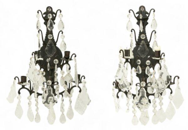 French Cast Iron And Crystal Sconces 1900-1920, H 23" W 12" 1 PAIR