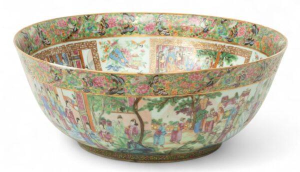 Chinese Rose Medallion Porcelain Punch Bowl 19th C., H 9.5" Dia. 21.5"
