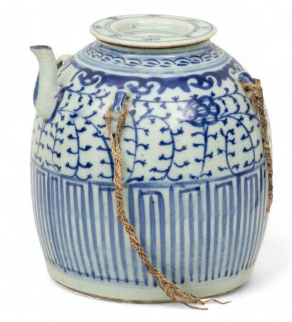 Chinese Blue And White Porcelain Oil Pot 20th C., H 9" Dia. 8.5"