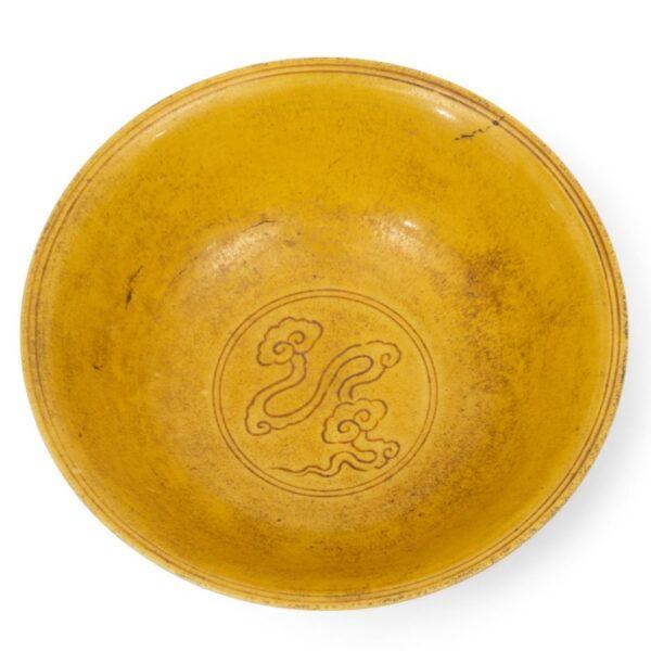 Chinese Yell0w Glaze Stem Cup , Dragon Motif H 4" Dia. 6"