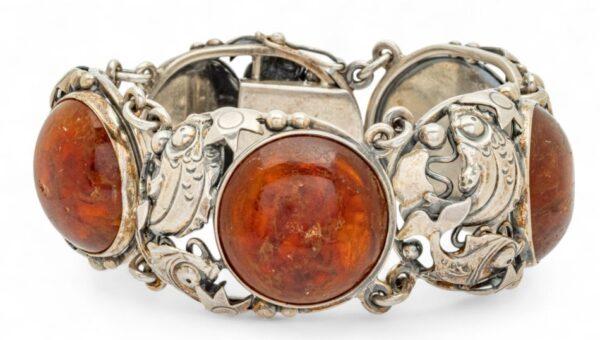 Nefrom (Denmark) Sterling Silver And Amber Link Bracelet W 1" L 7"