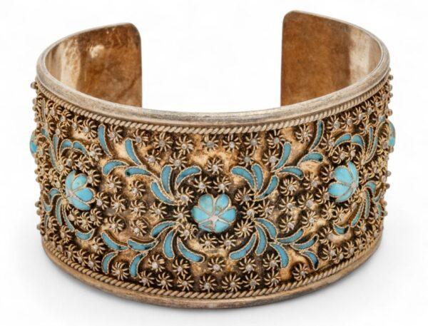 Greek 925 Silver And Blue Enamel Cuff Bracelet 1960, W 1.3" L 2.4" 48 g