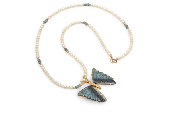 14k Yellow Gold, Green Tourmaline, And Freshwater Pearl Butterfly Necklace H 1.5" W 19"