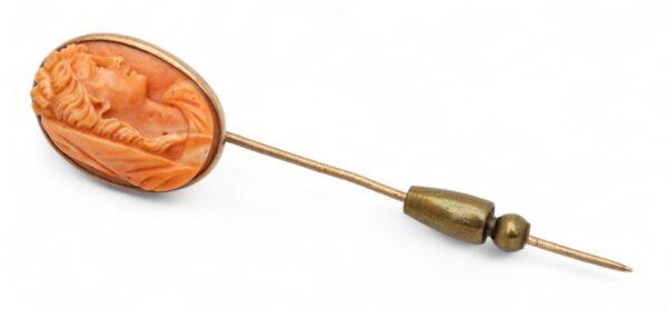 Italy Carved Coral Medallion Tie Pin 1900, H 2.3mm