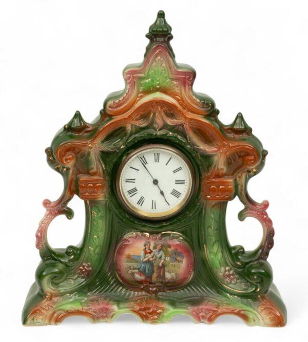 Strasburg Pottery Mantle Clock with Key 1960, H 16" W 12"