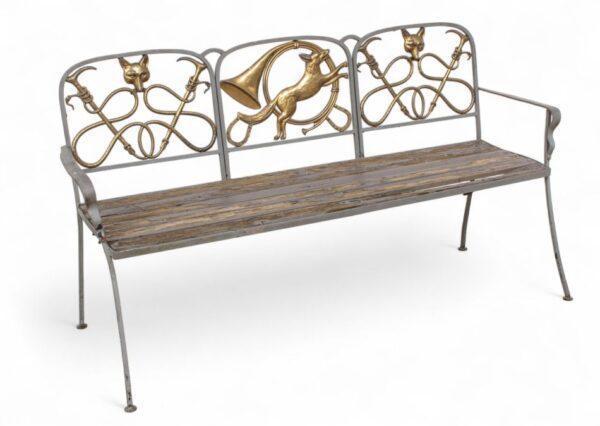 English Wrought Iron And Brass Bench, 20th C., 'Fox Hunt Theme', H 36" W 65" Depth 20"