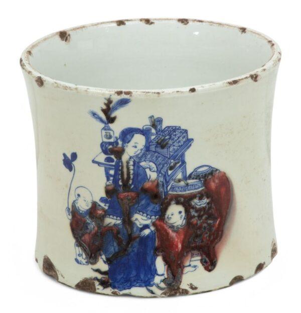 Chinese Earthenware Underglaze Brush Pot H 6.5" Dia. 8"
