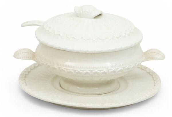 Italian Ceramic Covered Tureen And Underplate, 20th C., H 11" W 11.5" L 16"