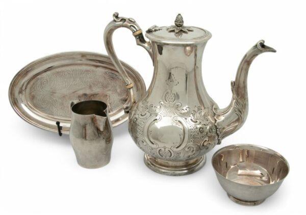 Silver Plate Teapot, Creamer, Finger Bowl & Salver, Feat. Oneida, 4 PCS