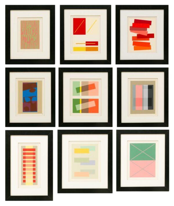 Josef Albers (AMERICAN/GERMAN, 1888-1976) Silkscrees in Colors on Thick, Wove Paper 1963, 'Interaction of Color: 9 Works', H 9.5" W 6.5" Frame Size: H 18.5" W 15.5"  Depth 1.5" 9 PCS