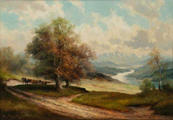 Helmut Stadelhofer (German, 1914-1979) Oil on Canvas 'Logging', H 28" W 39" Frame Size: H 36" W 47"