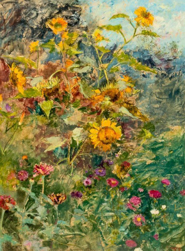 Richard Jerzy (American, 1943-2001) Acrylic And Oil on Masonite, 1990, 'Wild Sunflowers And Roses', H 32" W 24" Frame Size: H 36" W 28"