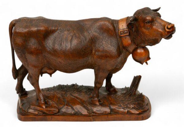 French Hand Carved Walnut Sculpture 1890-1920, 'Milking Cow', H 13.75" W 7.5" L 21"