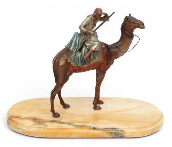 After Franz Xaver Bergmann (Austrian, B. 1861-36) Cold Painted Bronze Sculpture, Arab on Camel, H 9.75" W 8" Depth 3"