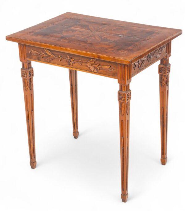 French Louis XVI Style Inlaid Fruitwood, Burlwood, And Carved Mahogany Console Table 1890-1910, H 28" W 27" Depth 18.75"