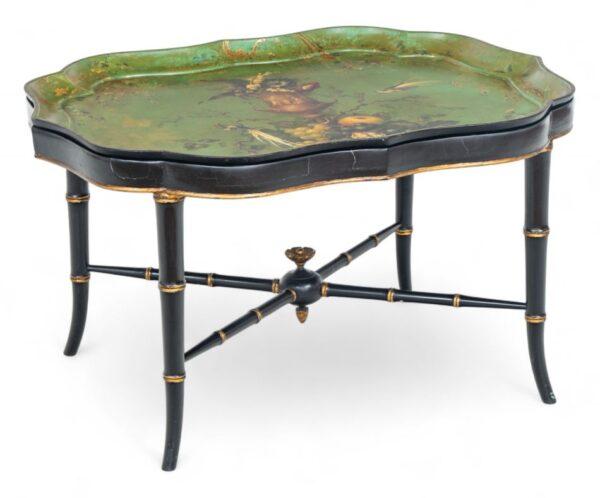 English Ebonized Wood Tray Top Table, 19th C., H 18" W 31" Depth 24"