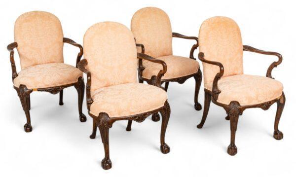English Chippendale Style Set of Four Carved Walnut Arm Chairs, 1920's, H 36.5" W 24" Depth 24" 4 PCS
