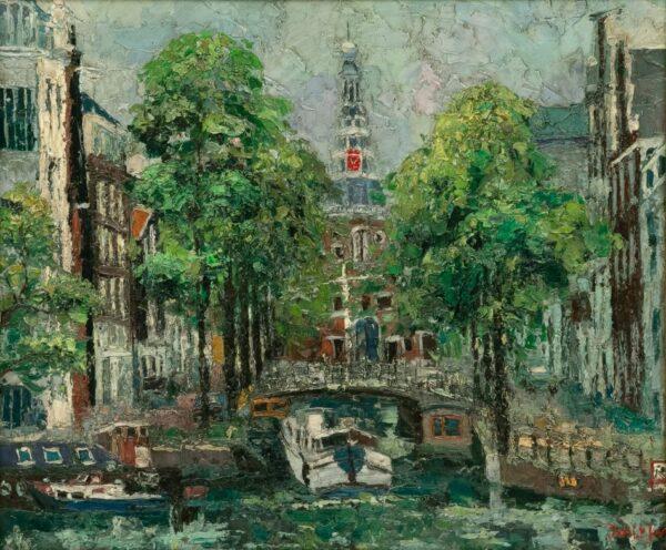 John Calvin (American, 20th/21st C.) Oil on Canvas View of the Zuiderkerk, Amsterdam 20th C., H 20" W 24" Frame Size: H 29" W 33"