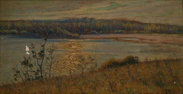 American Oil on Panel, Ca. 1894, 'Forest Lake Scene', H 8" W 14.5" Frame Size: H 13" W 20"