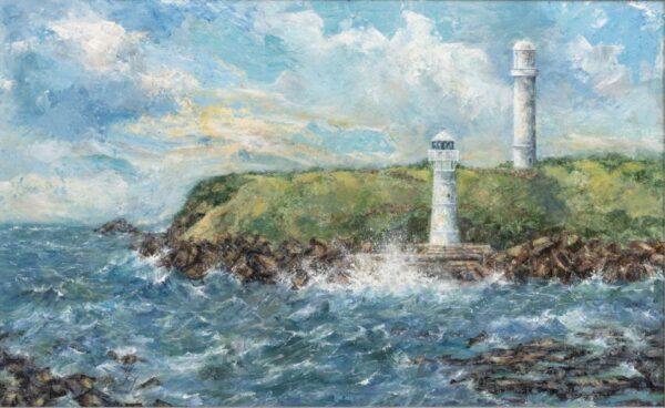 Marlene Roy (Canadian) Oil on Academy Board 2000, 'Seascape with Lighthouse', H 26" W 41"