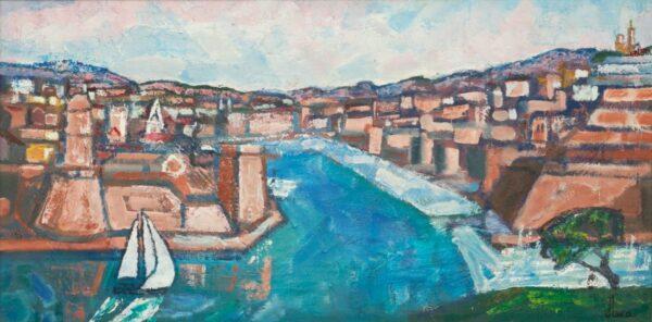 Dominique Leca (French, B. 1938) Oil on Board 20th Century, 'Entree Du Vieux Port, Marseille', H 15" W 31" Frame Size: H 26.25" W 42"  Depth 3"