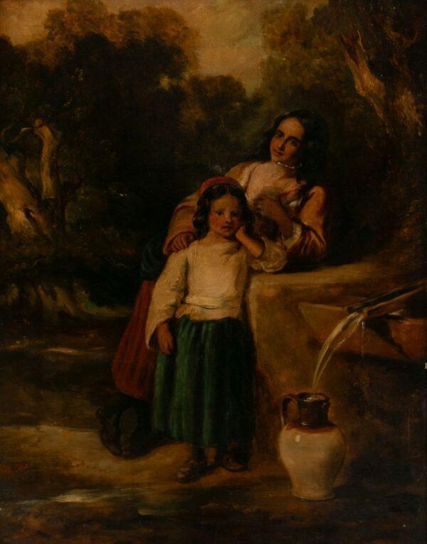 William Simson (British, 1800-1847) Oil on Canvas, 19th C., 'Mother And Child at a Well', H 36" W 28" Frame Size: H 46" W 38"
