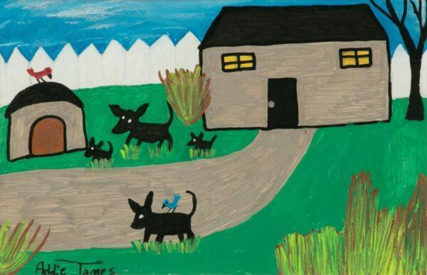 Addie James (American, 1945-2011) Acrylic on Paper Folk Art 'Family Dog House', H 10'' W 14.5'' Frame Size: H 17.75'' W 21.75''