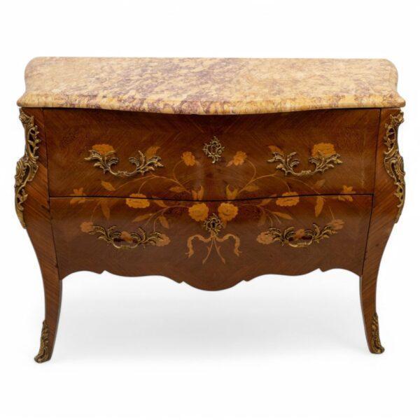 Louis XV Style Marquetry Inlaid Kingwood Marble Top Commod, Ca. 1900, H 33" W 47" Depth 20"