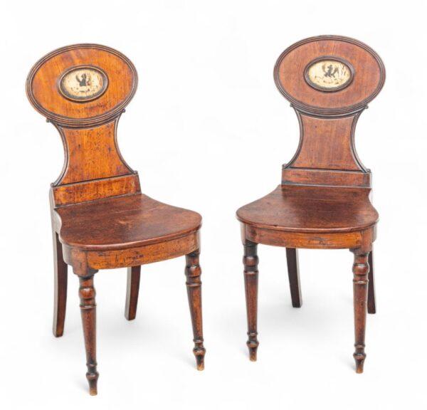English Regency Walnut Hall Chairs, Ca. 1820, 1 PAIR