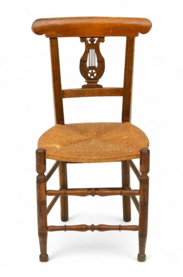 French Walnut Hand Carved Harp Back Side Chair 1920, H 33" W 16"
