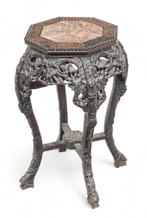Chinese Carved Teakwood Marble Top Octagonal Pedestal, Early 20th C., H 24" Dia. 18"
