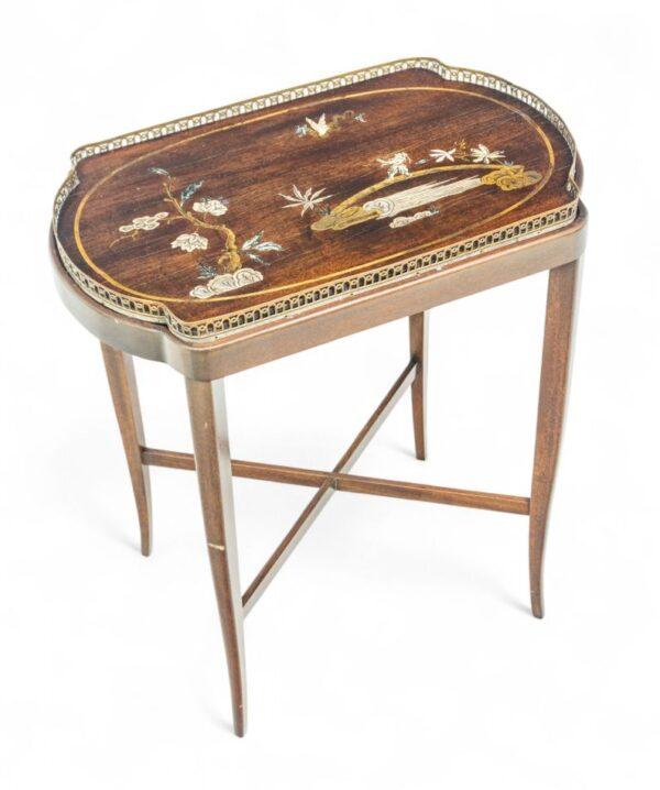 English Mahogany Inlaid Tray Top Table 20th Cent., H 22" W 13.5" L 20"