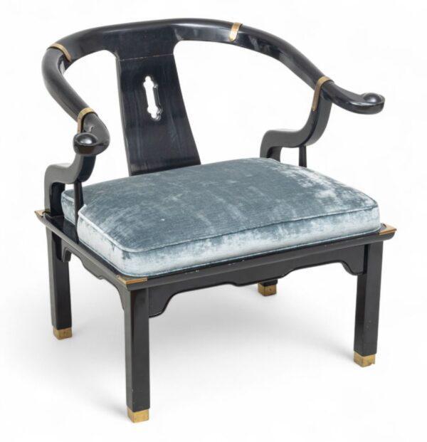 Chinese Black Lacquer Horseshoe Chair Late 20th C.., H 29" W 30.5" Depth 26"
