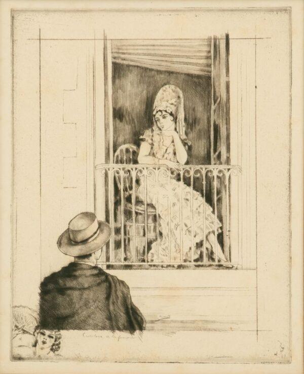 Edouard Chimot (French, B. 1880-1959) Etching on Paper, 'Carolina a La Fenetre', H 10.75" W 8.5" Frame Size: H 22" W 19.25"