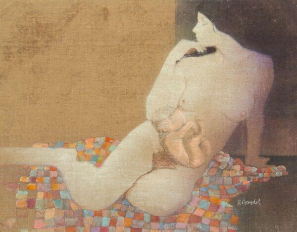 Robert Heindel (American, B. 1938-2005) Oil on Canvas Small Mural 'Mother And Child', H 16" W 20"
